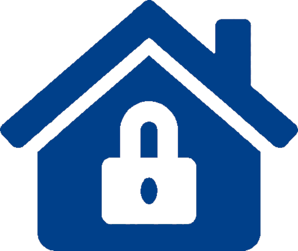 a blue and black logo with a lock